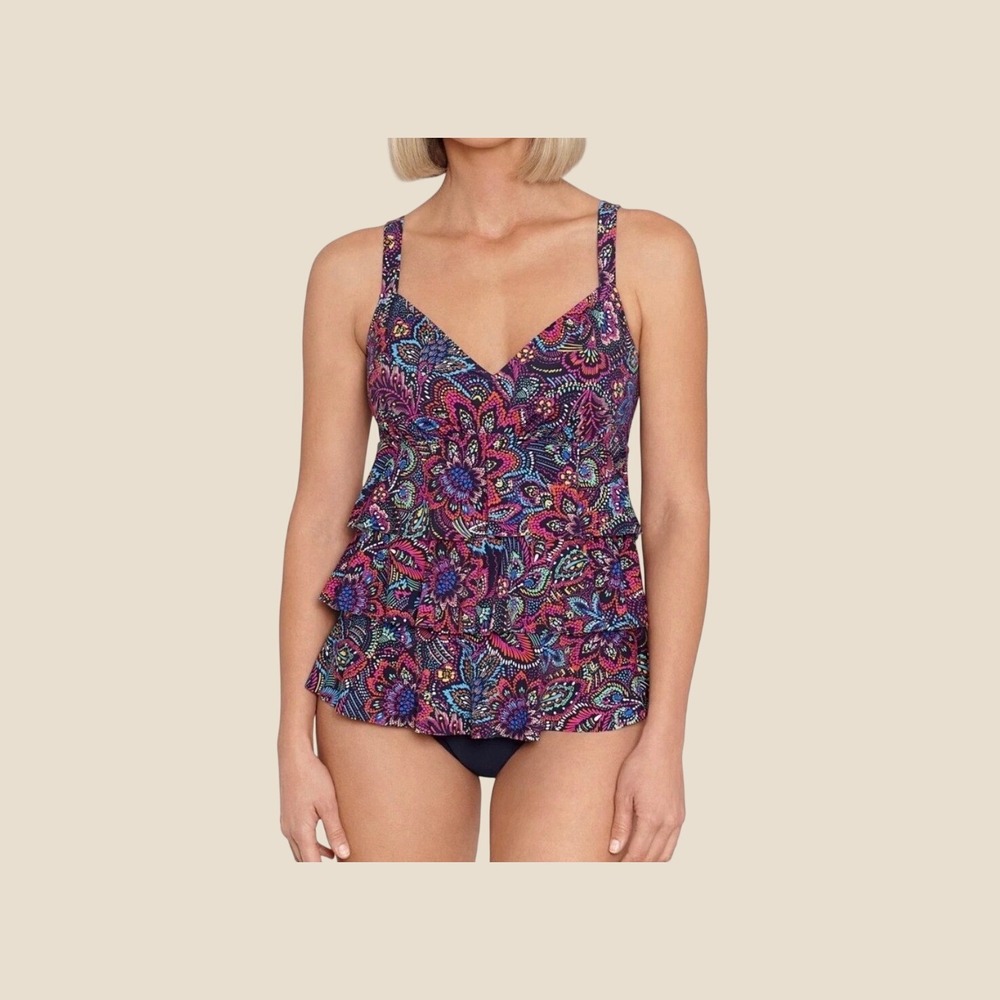 Swim Solutions One Piece Swimsuit Womens 10 Multicolor New Paisley Ruffle Tiered